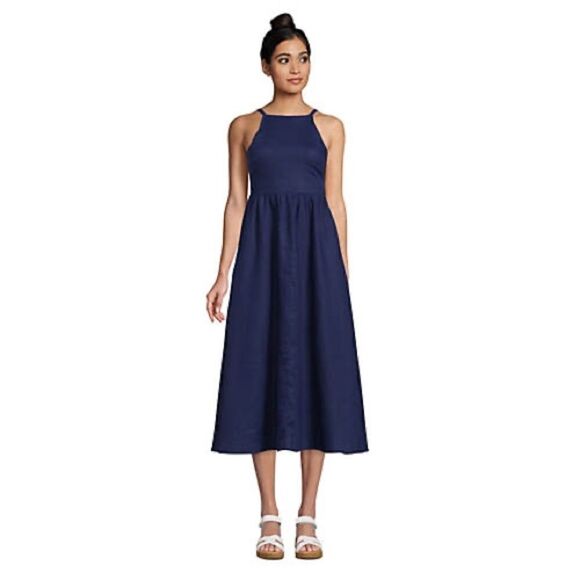 Land’s End Dress Pockets Linen halter smocked high neck adjustable midi navy XSP - Picture 1 of 5
